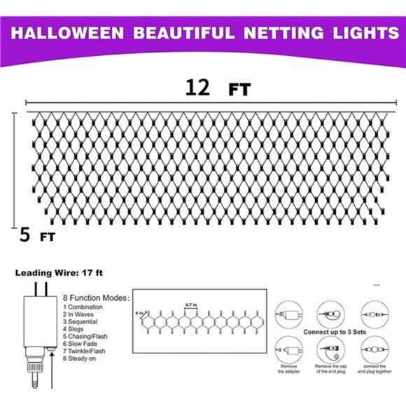 Halloween 360 LED Net Lights, 12ft x 5ft 8 Modes Waterproof Connectable - Picture 2 of 8